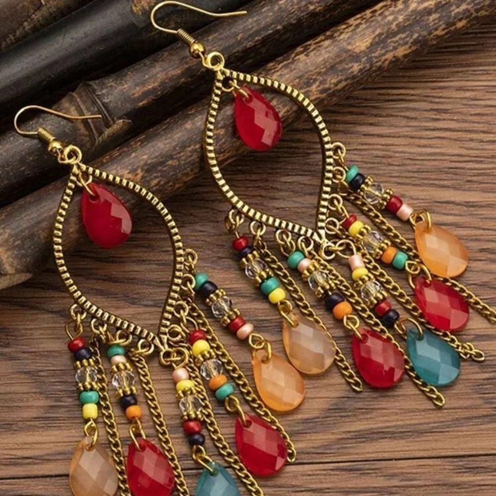 Bohemian Style Water Drop Shaped Bead Earrings With Tassel Fringes For Women - Picture 3 of 4